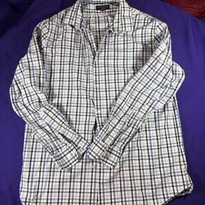 Banana Republic Blue & Gray Plaid Slim Fit Non-Iron Button Front Shirt Mens L